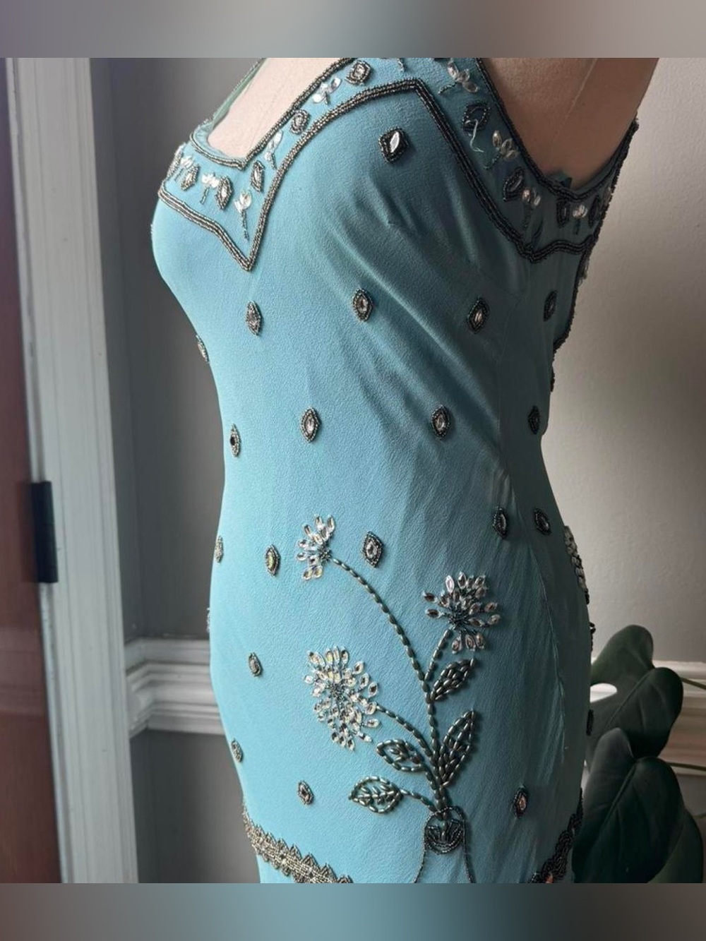 Embellished Aqua Beaded Maxi Dress